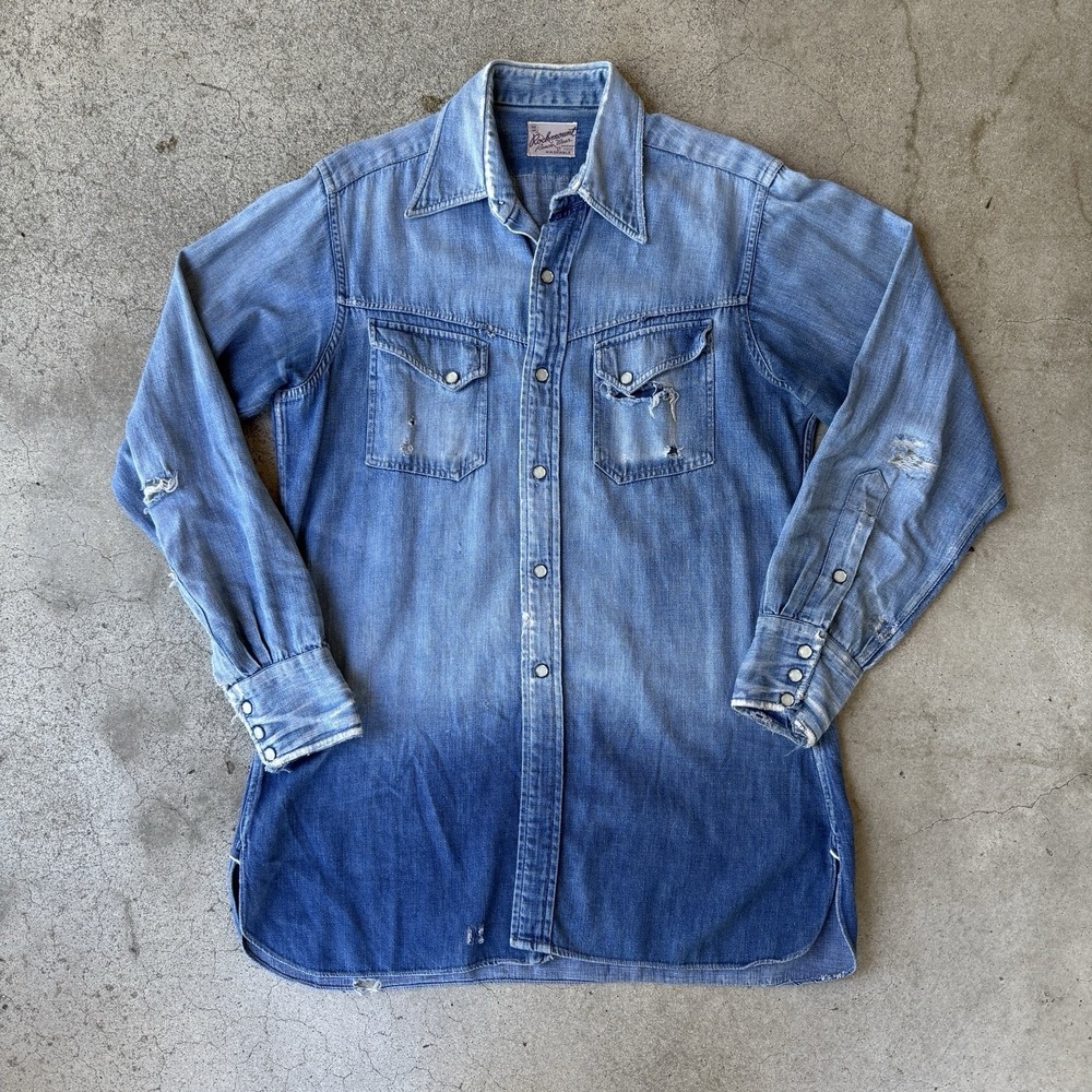 Vintage 40s 50s Rockmount Denim Western Shirt Medium Slant Pocket Distressed